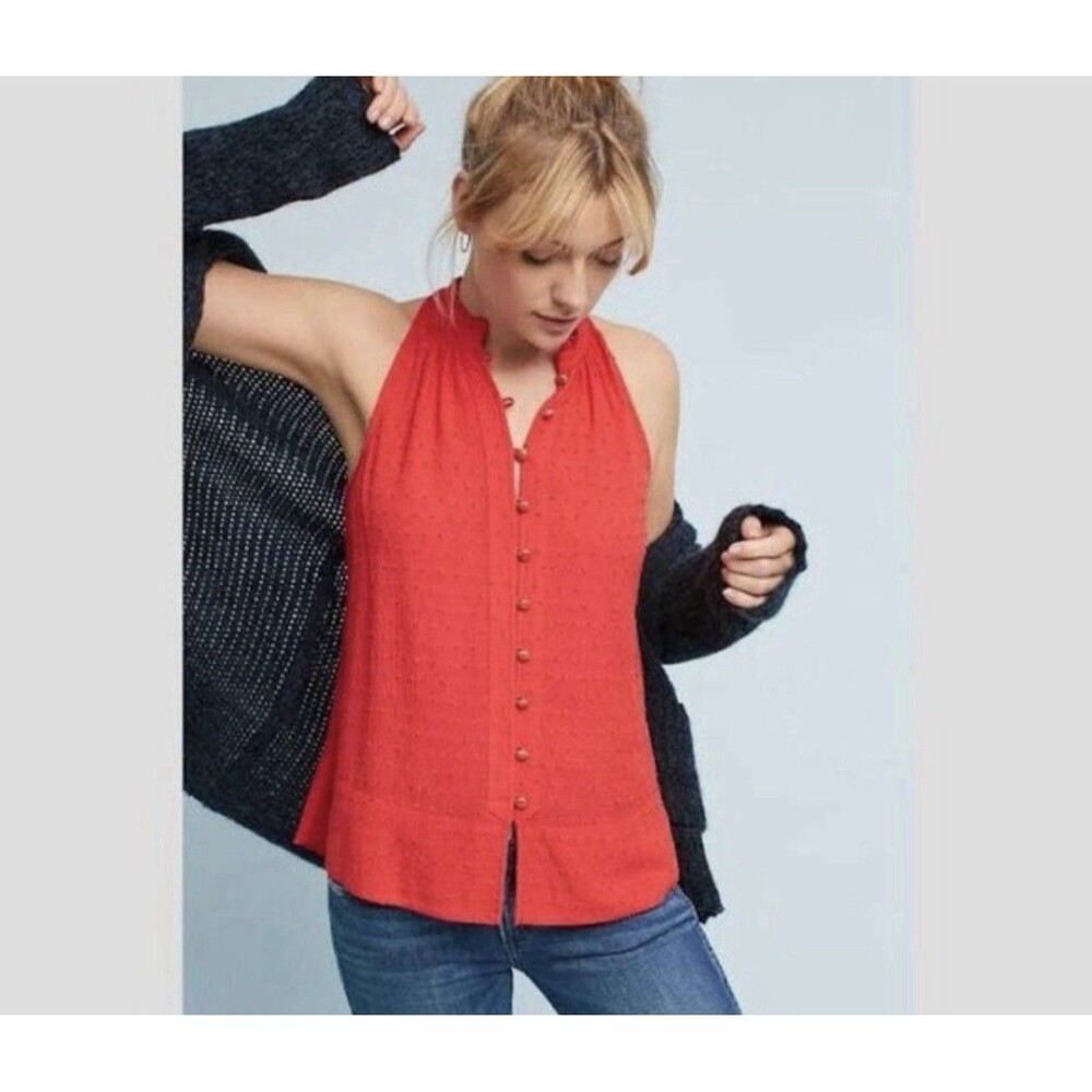 Anthropologie Maeve Alameda Red Swiss Dot Button Down Blouse Size S